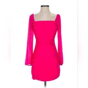 Fuchsia Square-Neck Ruched Long-Sleeve Mini Dress